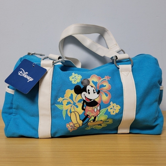 Disney Handbags - Disney Canvas Barrel Purse Zippered Hand Bag Mickey Mouse Flowers‎ Turquoise Y2k